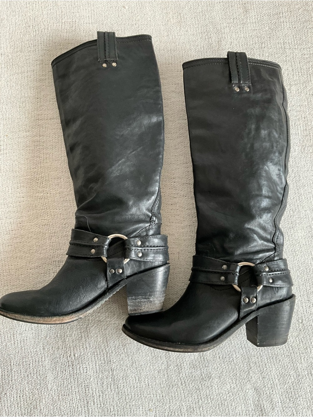 Frye Carmen Tall Harness Boots Black Leather Moto Riding Boots Women’s 7.5 B